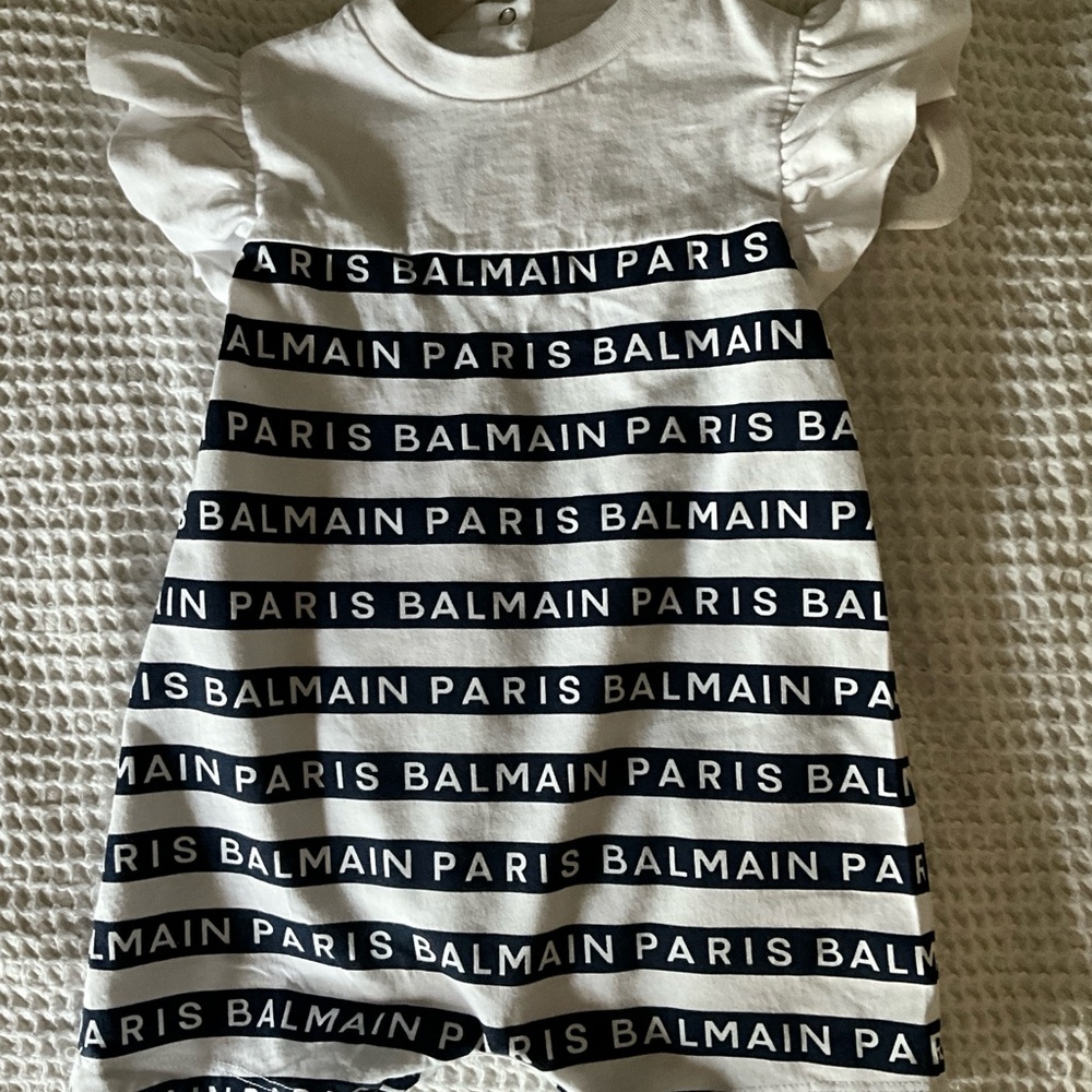 BALMAIN Paris Kids Baby Blue White Logo Stripe Ruffle Sleeve Romper Sz 6 Mnth